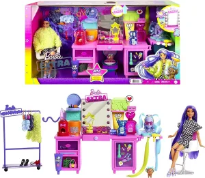 Barbie Extra Doll & Vanity Playset with Exclusive Doll, Pet Puppy & 45  Pieces Including Vanity, Rolling Clothing Rack, Light-Up Mirror, Clothes & Accessories