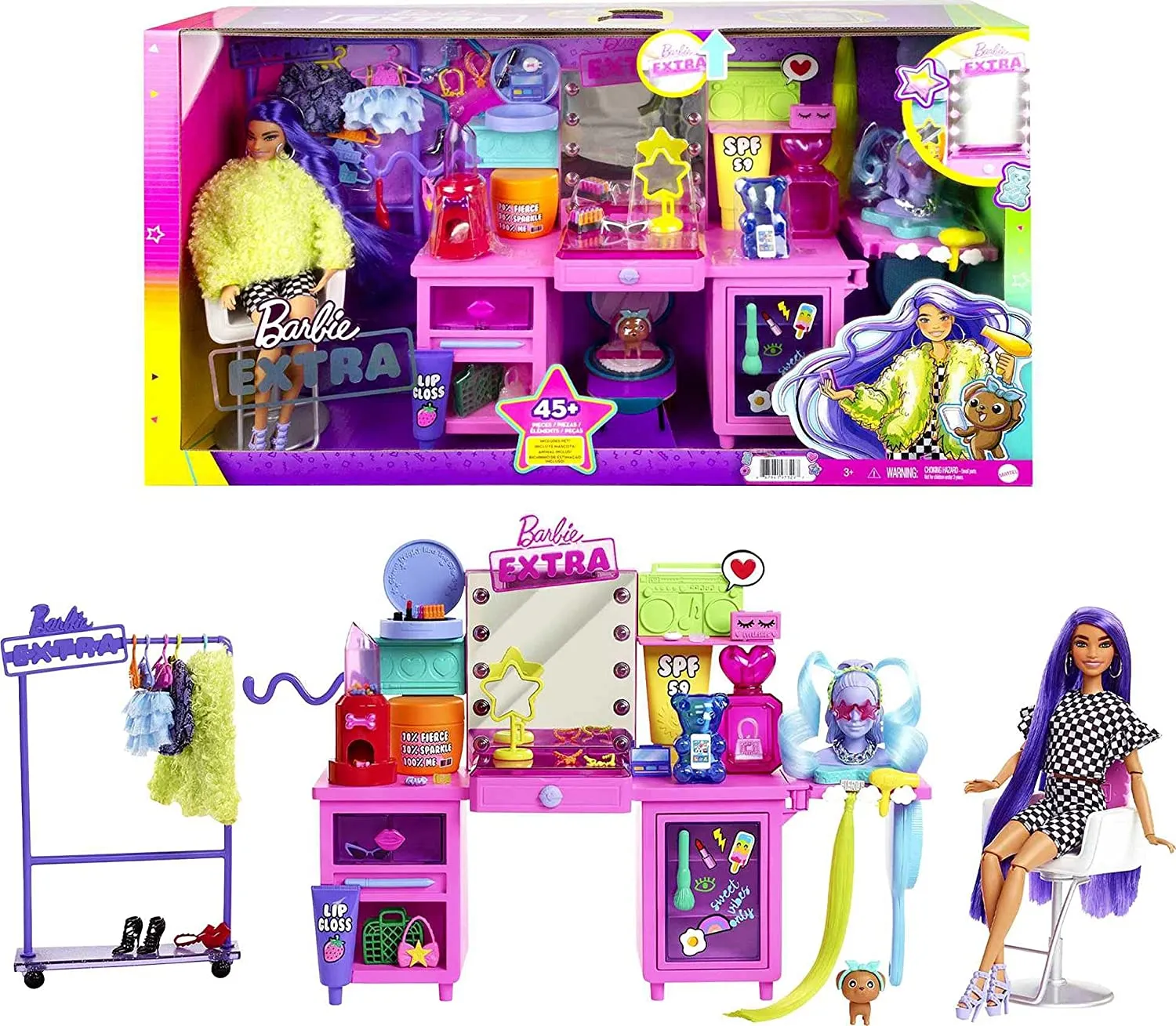 Barbie Extra Doll & Vanity Playset with Exclusive Doll, Pet Puppy & 45  Pieces Including Vanity, Rolling Clothing Rack, Light-Up Mirror, Clothes & Accessories