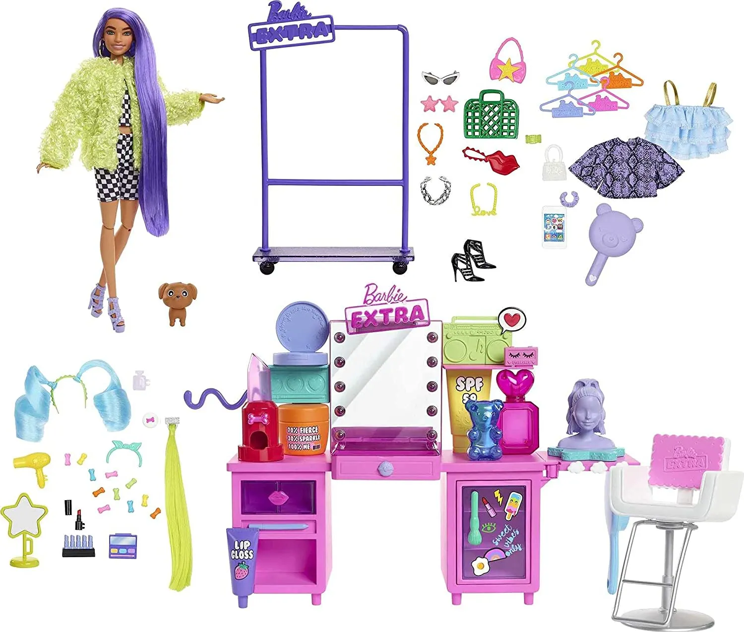Barbie Extra Doll & Vanity Playset with Exclusive Doll, Pet Puppy & 45  Pieces Including Vanity, Rolling Clothing Rack, Light-Up Mirror, Clothes & Accessories