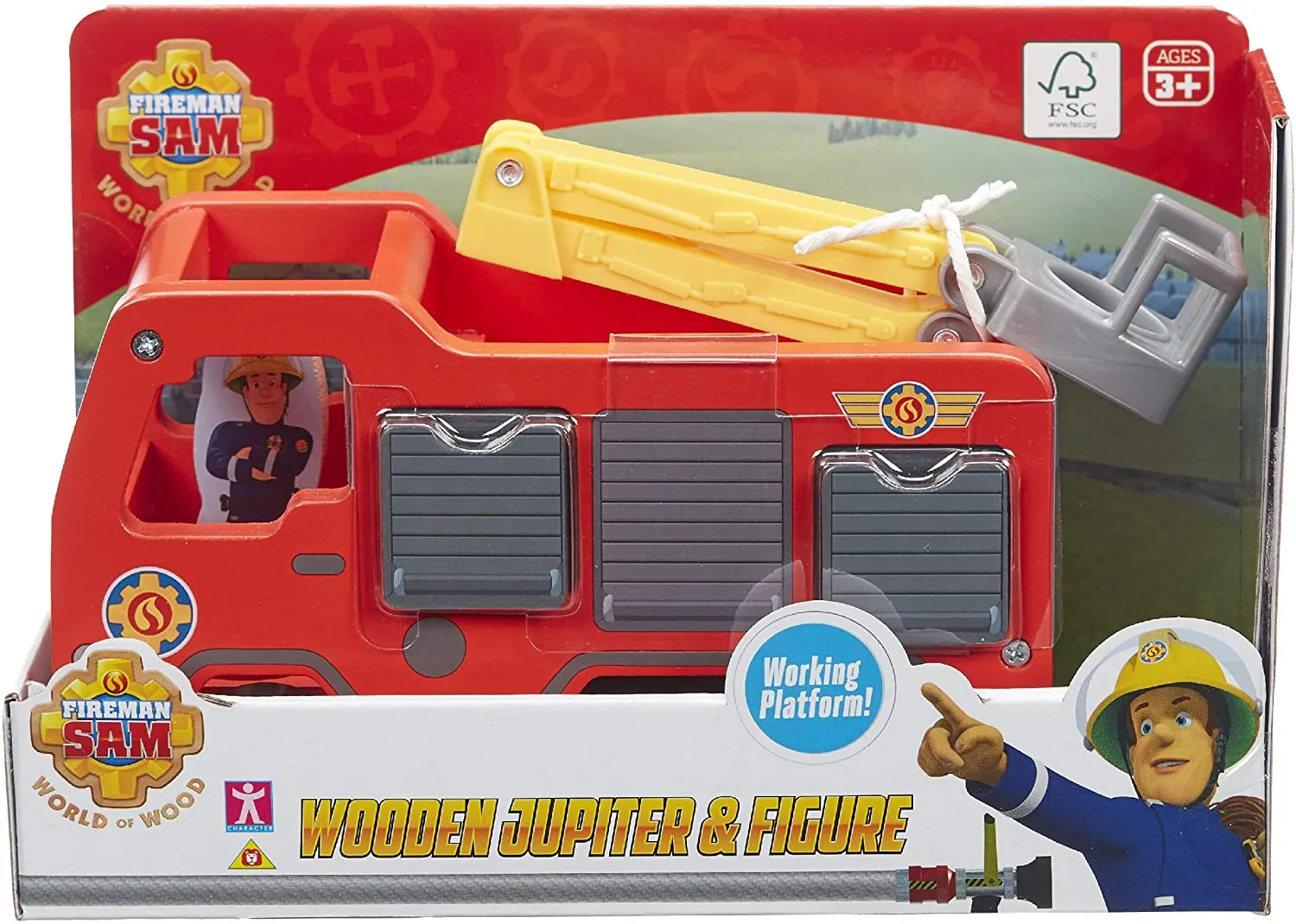 Fireman Sam 07324 Wooden Jupiter Figure FSC Wood Sustainable Pre-School Toy with Fireman Sam and Penny Two-Sided Figure