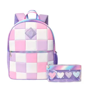 Metallic Heart-Patched Backpack with Pencil Case