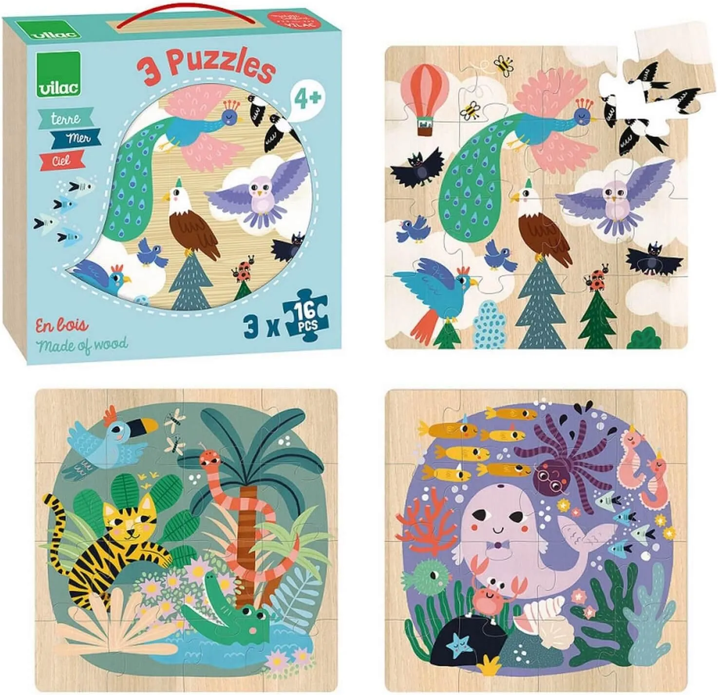 Vilac 8536 Puzzle 3x16 P Earth, Sea,Sky Wise - Kids Toys